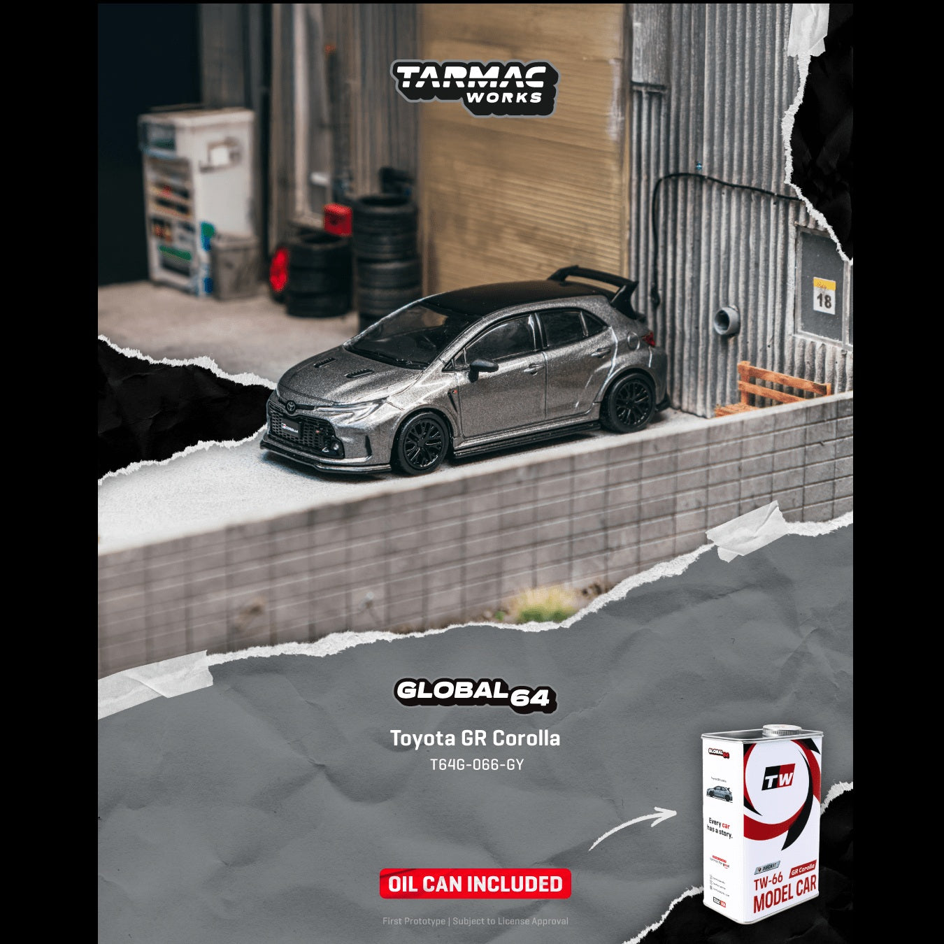 PREORDER TARMAC GLOBAL64 1/64 Toyota GR Corolla Grey with Metal Oil Can Packaging T64G-066-GY (Approx. Release Date : JUNE 2026 subject to manufacturer's final decision)