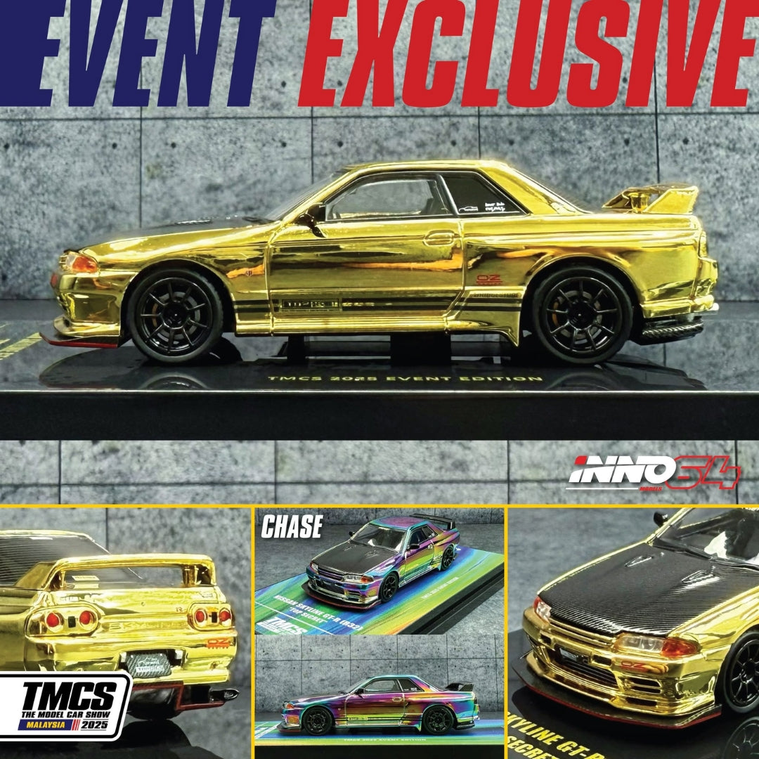 INNO64 NISSAN SKYLINE GT-R (R32) "TOP SECRET" Chrome Gold TMCS 2025 Event Edition W/ Chase Car IN64-R32TS-TMCS25 **Limited to ONE per customer** **CHASE CARS ARE RANDOMLY PACKED**
