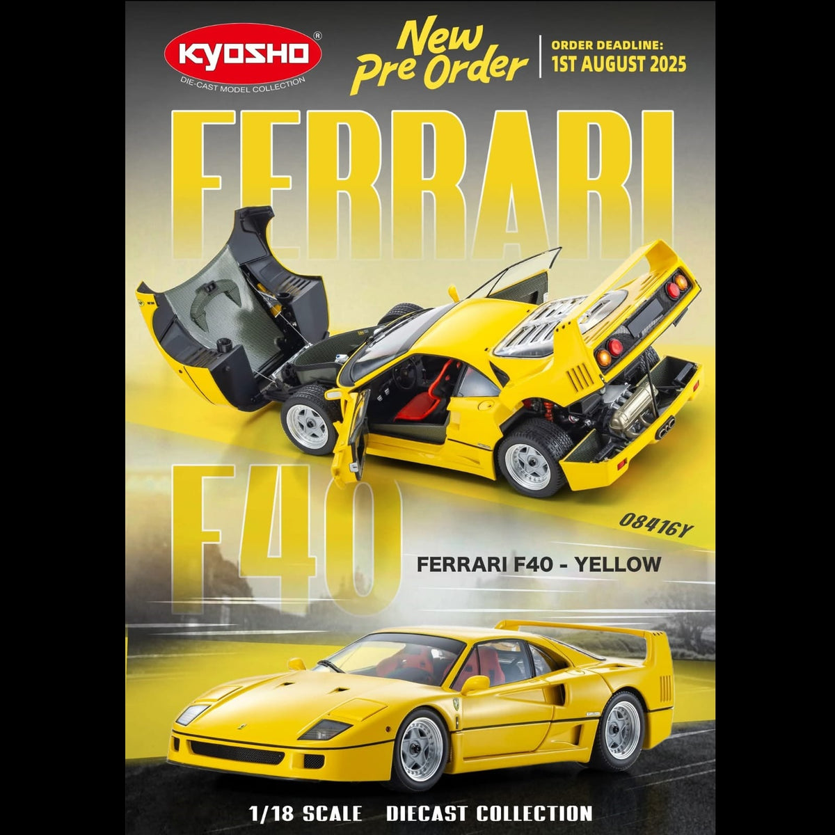 PREORDER KYOSHO 1/18 FERRARI F40 YELLOW 08416Y (Approx