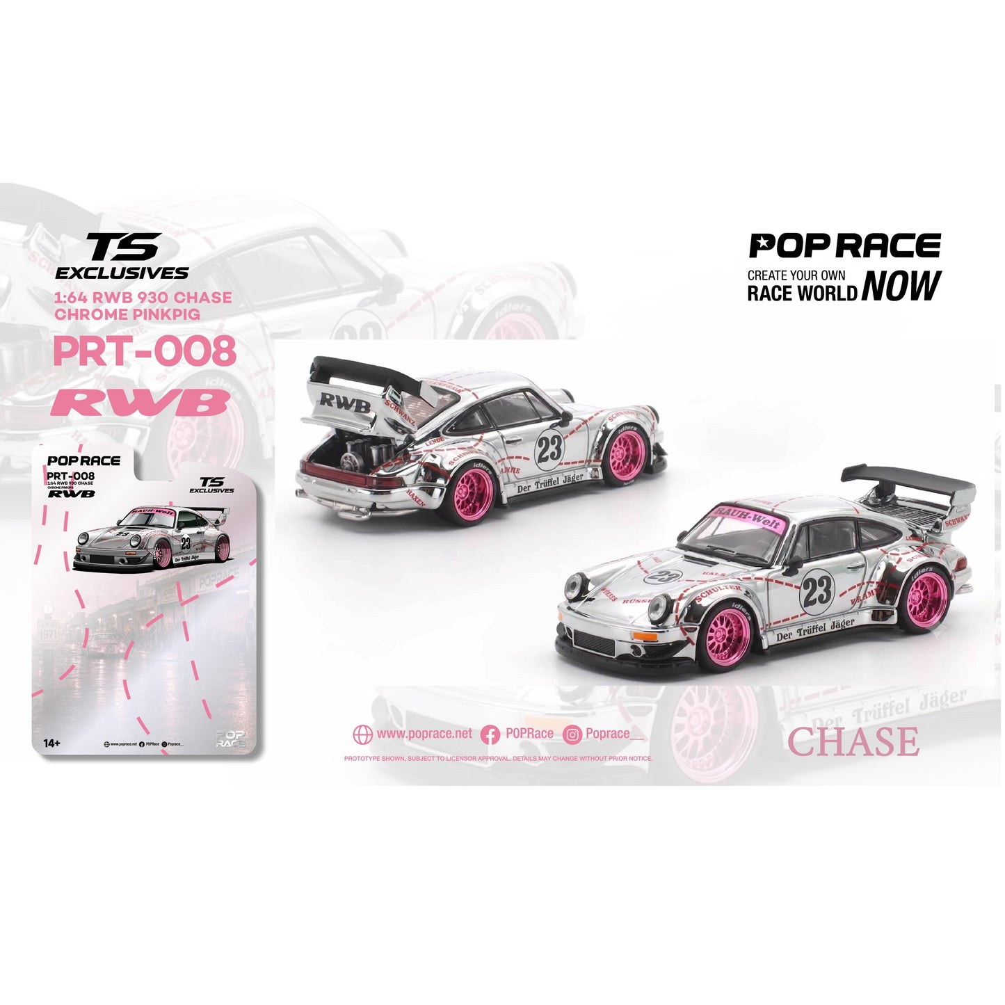 PREORDER POPRACE x TS Exclusives 1/64 RWB 930 CHROME PINK PIG PRT008 (Approx. Release Date: Q2 2027 and subject to the manufacturer's final decision) **Chase cars are randomly packed**