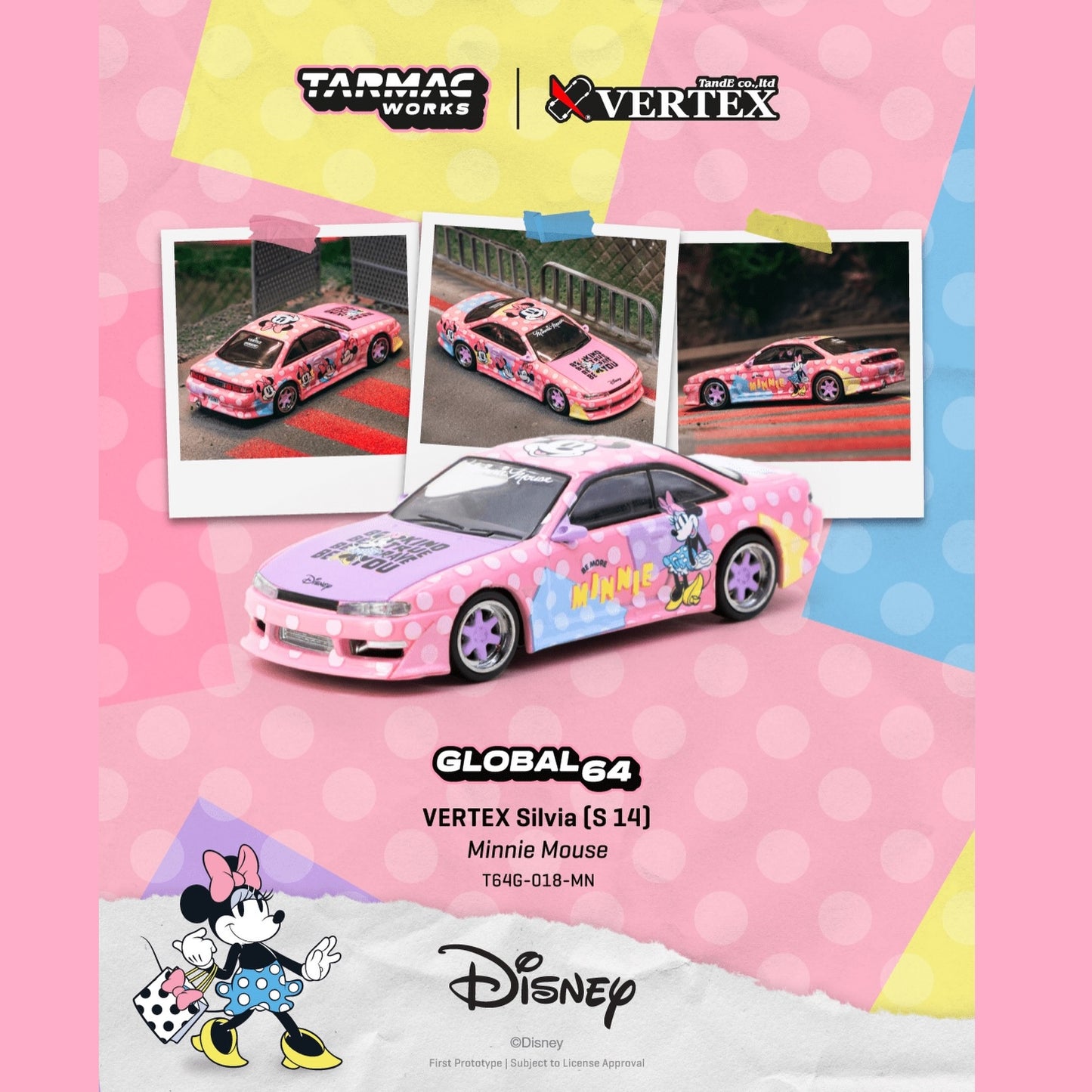 PREORDER TARMAC GLOBAL64 1/64 VERTEX Silvia (S14) Minnie Mouse T64G-018-MN (Approx. Release Date : MAY 2026 subject to manufacturer's final decision)