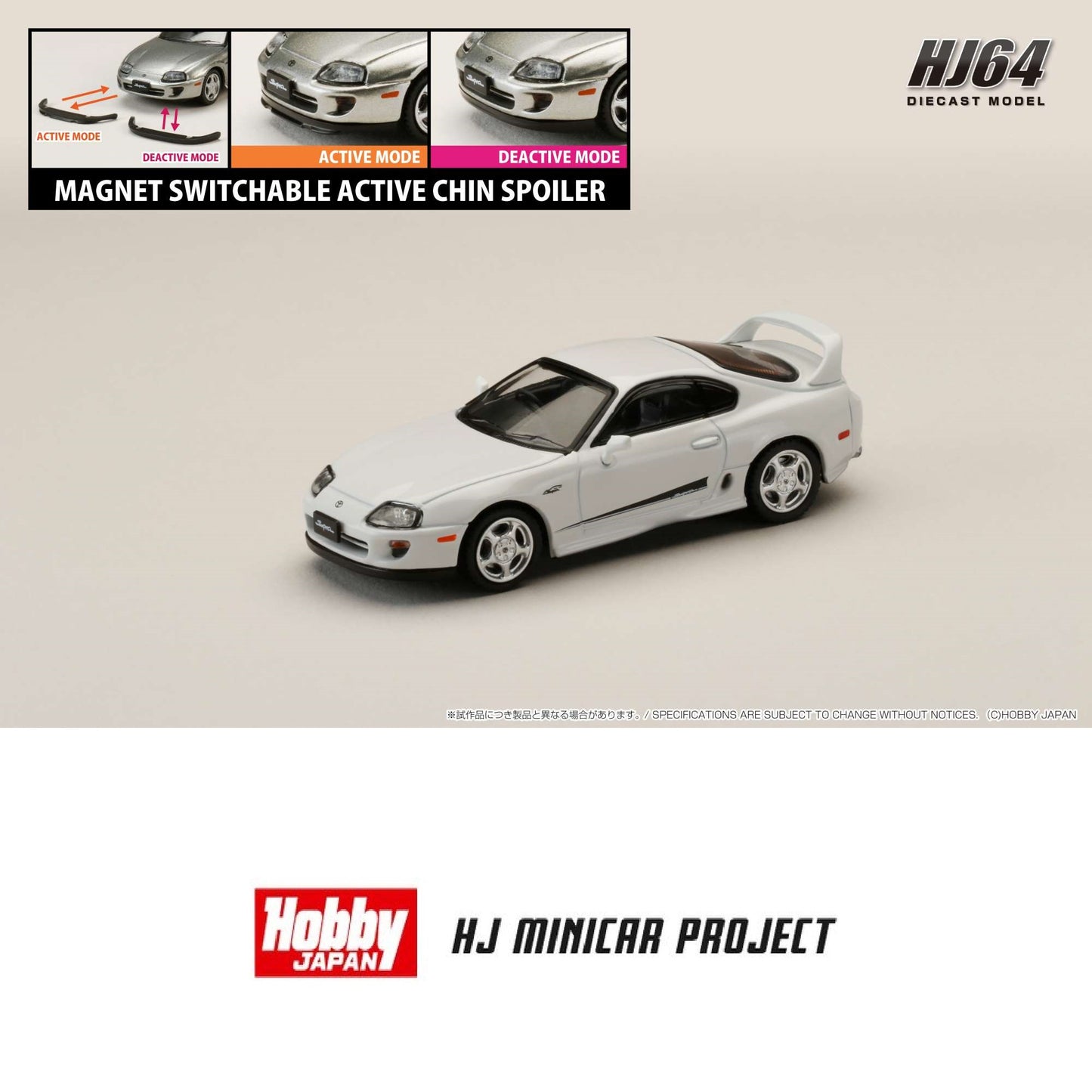 HOBBY JAPAN 1/64 Toyota SUPRA RZ (JZA80) GENUINE CUSTOMIZED VERSION with Active Spoiler Parts White HJ643042W