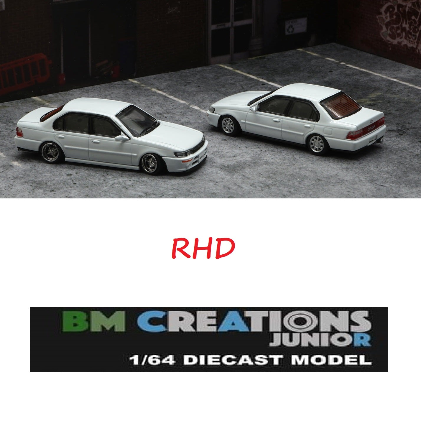 BM Creations JUNIOR 1/64 Toyota 1996 Corolla AE100 White RHD with Extra Wheels, Lowering Parts and Extra Bumper 64B0120