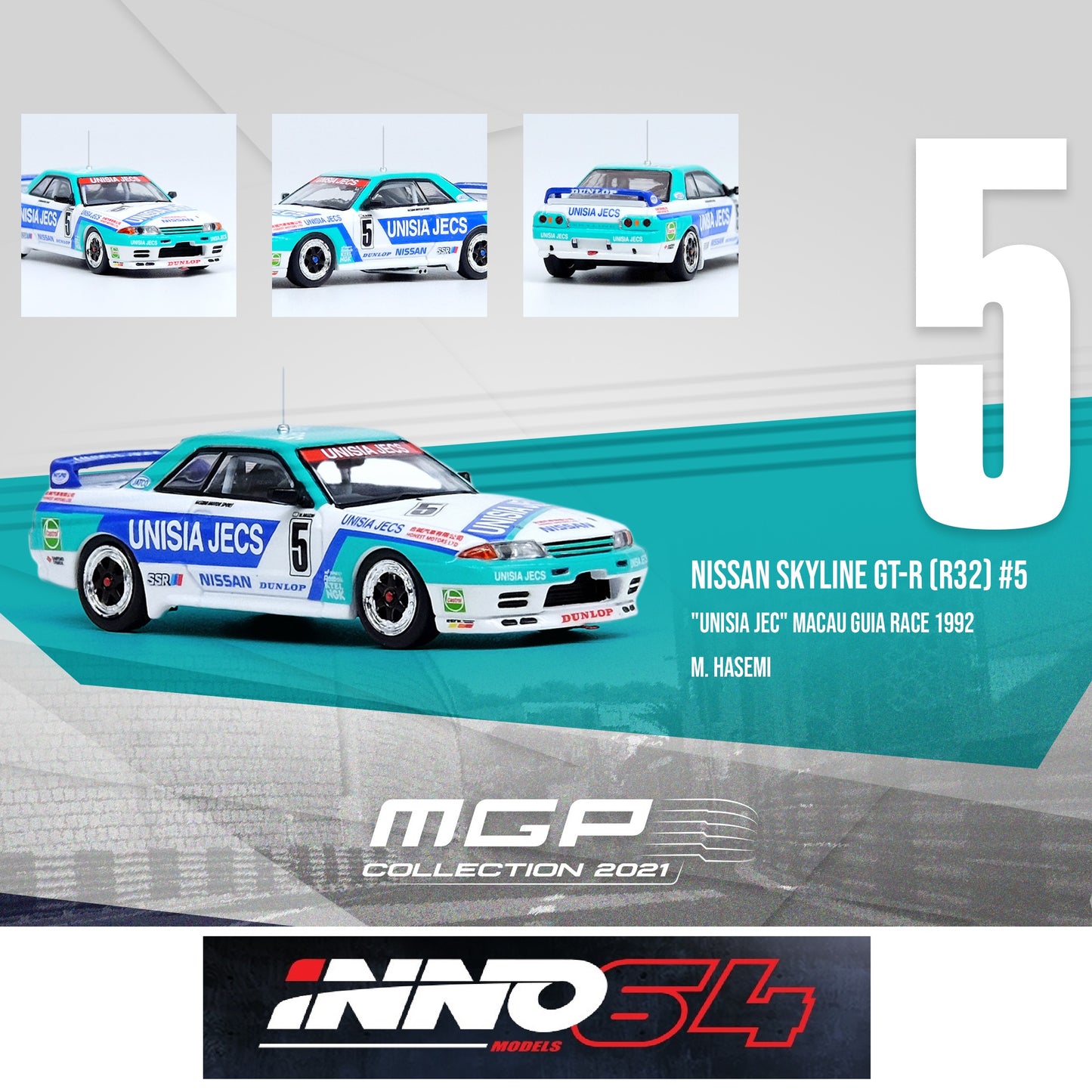 INNO64 1/64 NISSAN SKYLINE GTS-R (R32) #5 "UNISIA JECS" Macau Guia Race 1992 - Masahiro Hasemi IN64-R32-MGP21HS