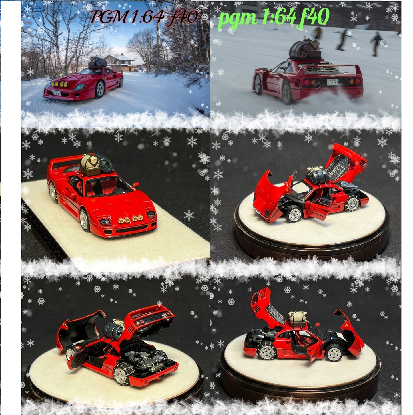 PGM 1/64 F40 Red - Christmas Special Version Diecast Fully Opened with Turnable Round Stand wooden stand PGM-640902B