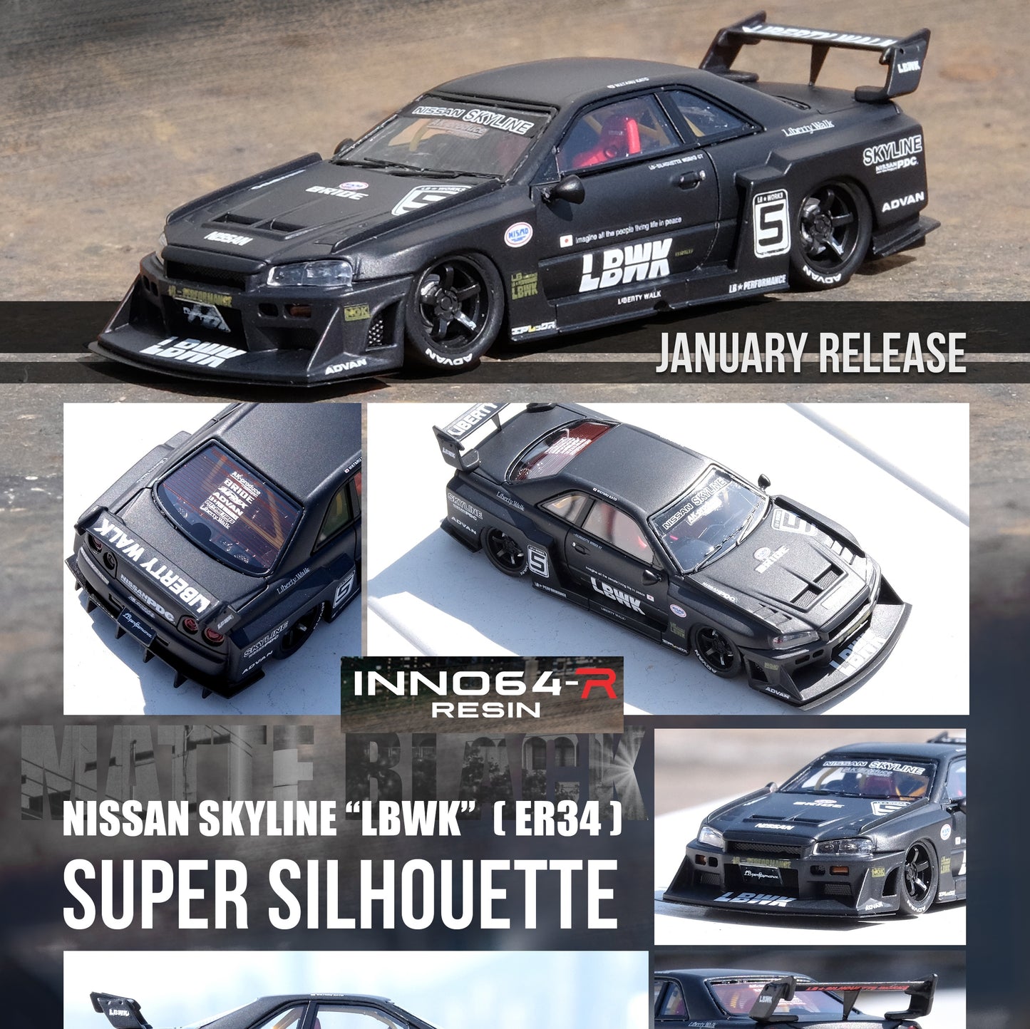 INNO64-R 1/64 RESIN NISSAN SKYLINE "LBWK" (ER34) SUPER SILHOUETTE Black Matte Limited Produced Quantity IN64R-R34-BM