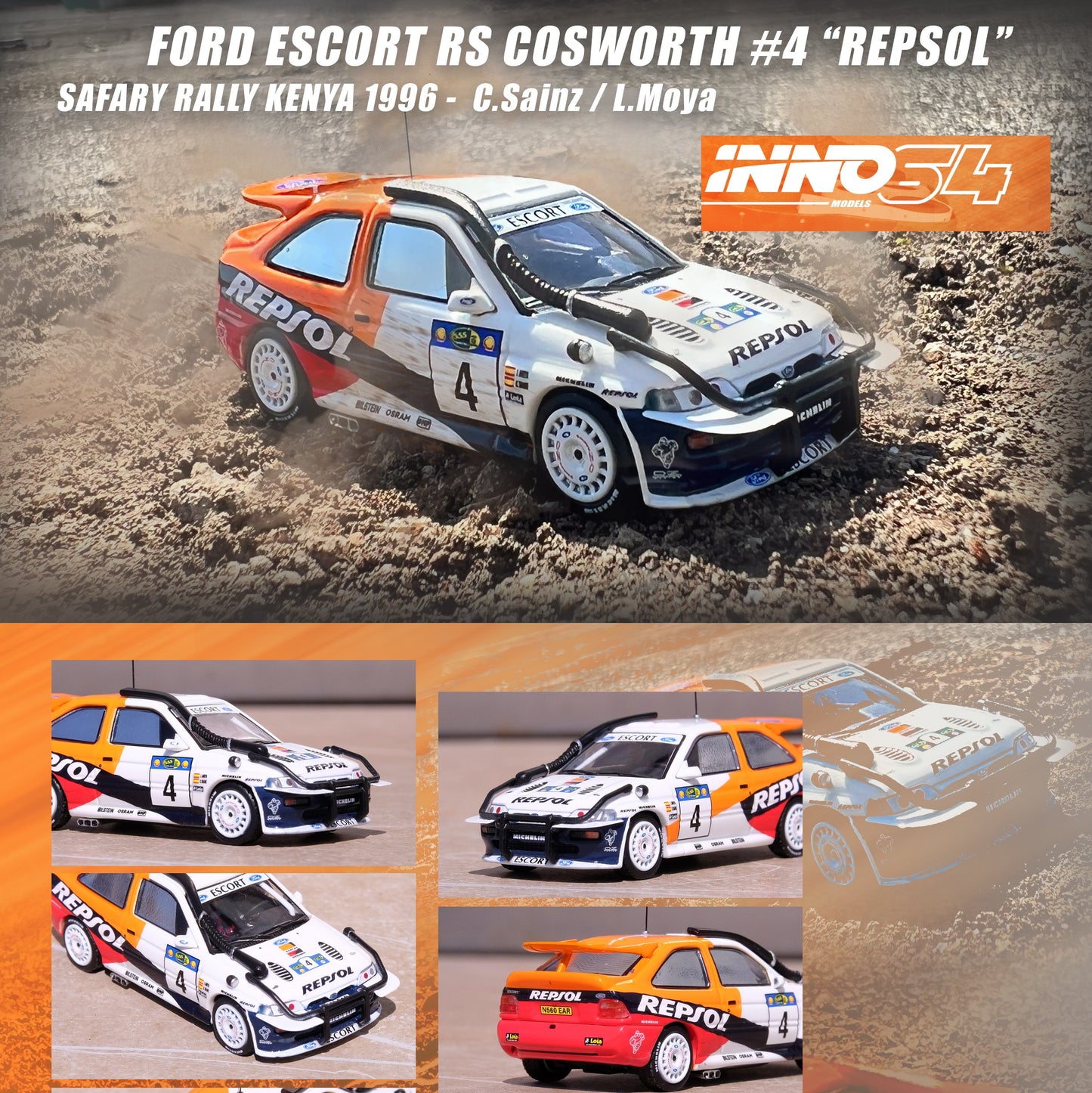 INNO64 1/64 FORD ESCORT RS COSWORTH #4 "REPSOL" SAFARY RALLY KENYA 1996 C. Sainz / L. Moya IN64-FERS-4SR96