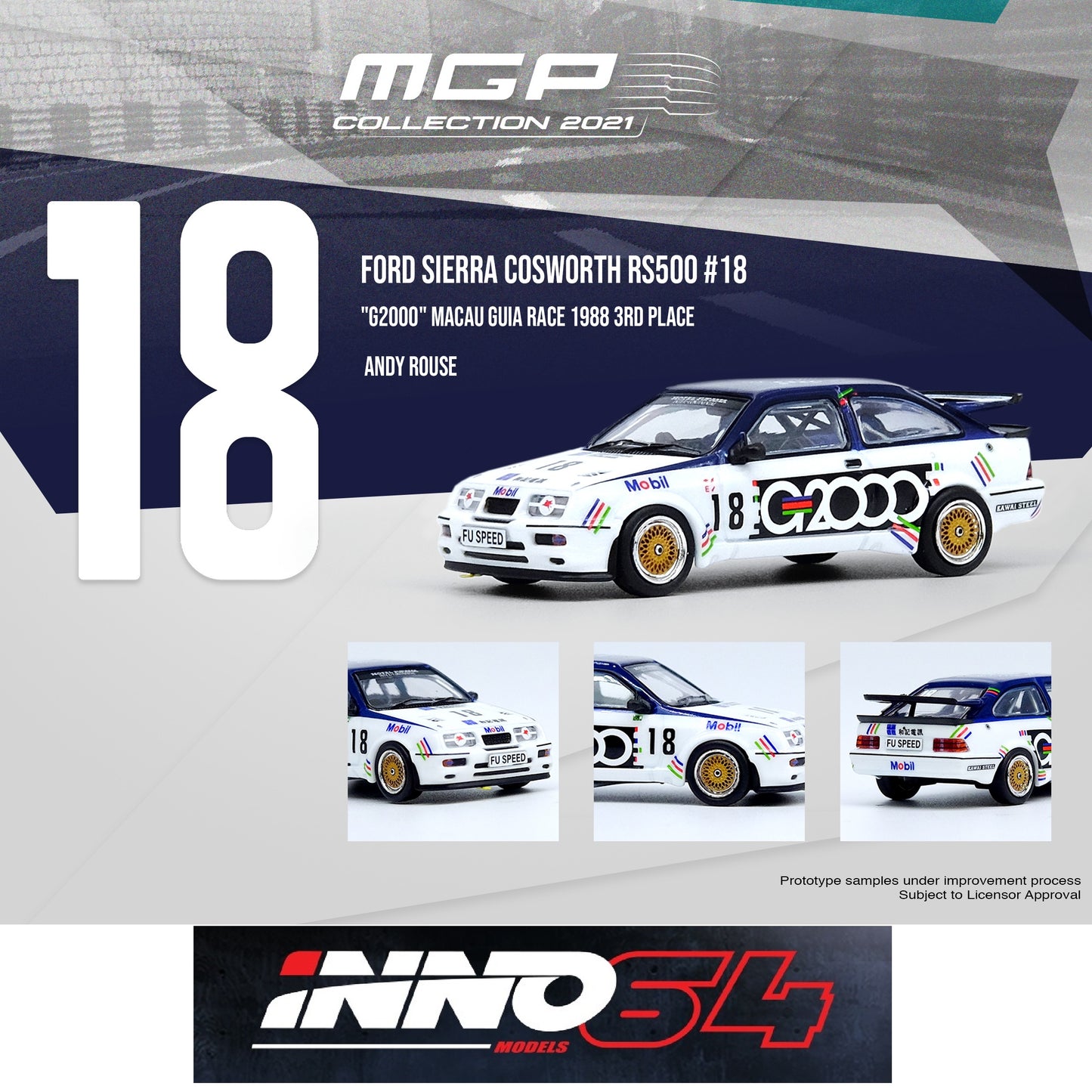 INNO64 1/64 FORD SIERRA COSWOTH RS500 #18 "G2000" Macau Guia Race 1988 3rd Place - Andy Rouse IN64-RS500-MGP21G2