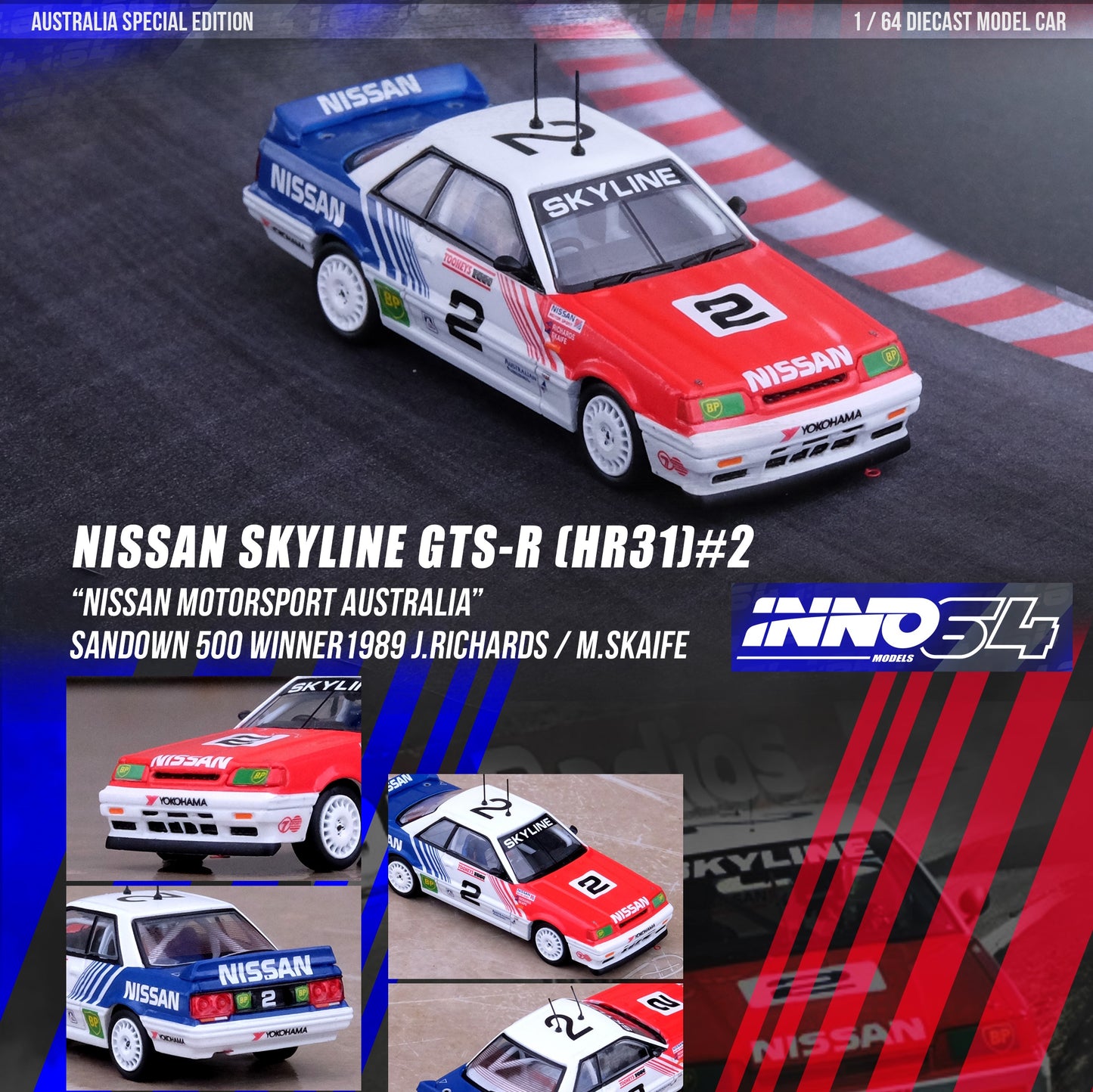 INNO64 1/64 NISSAN SKYLINE GTS-R (HR31) #2 "NISSAN MOTORSPORT AUSTRALIA" Bathurst 1000 Toheys 1989 - J. Richards / M. Skafe IN64-R31-NMA89