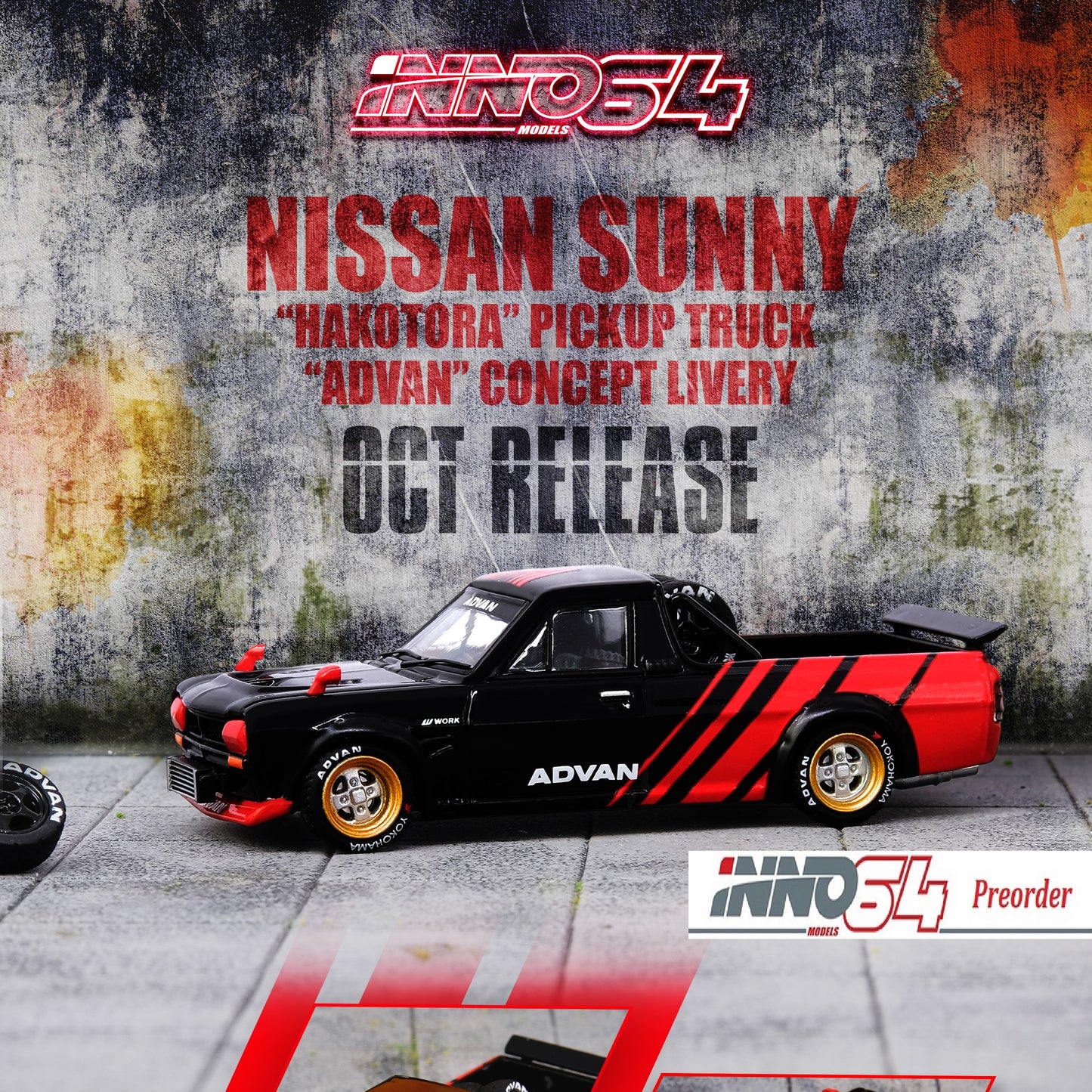 INNO64 1/64 NISSAN SUNNY "HAKOTORA" Pickup Truck "ADVAN" Concept Livery WITH EXTRA WHEELS IN64-HKT-AD
