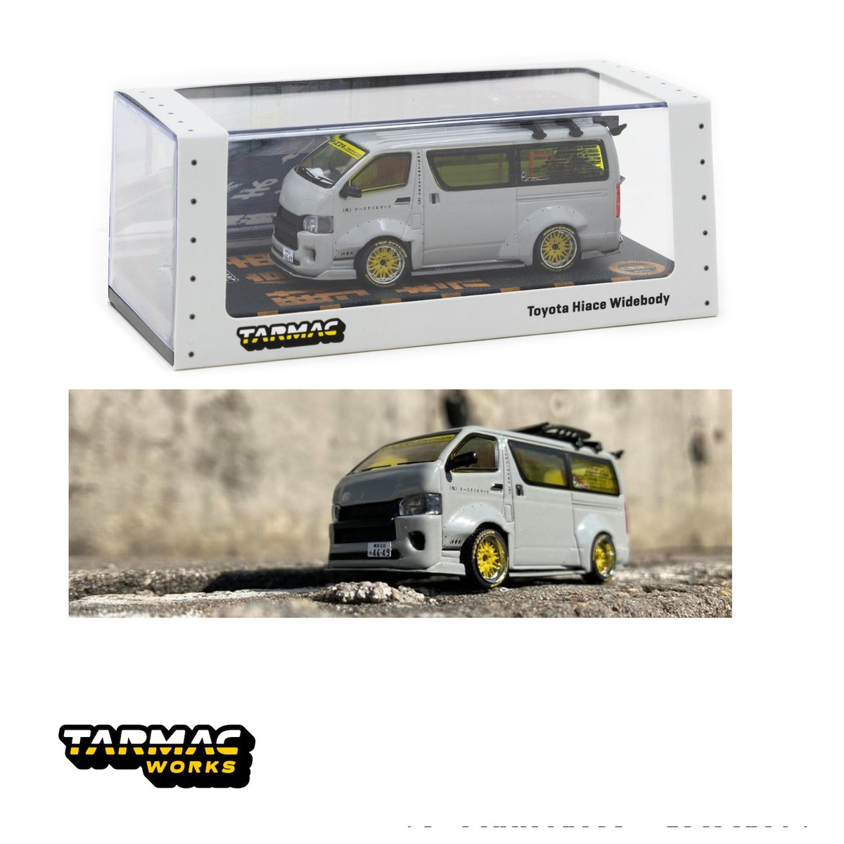 Tarmac Works 1/64 Toyota Hiace Widebody Grey with Roof Rack 