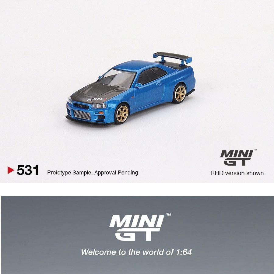 MINI GT 1/64 Nissan Skyline GT-R (R34) Top Secret Baysie Blue RHD