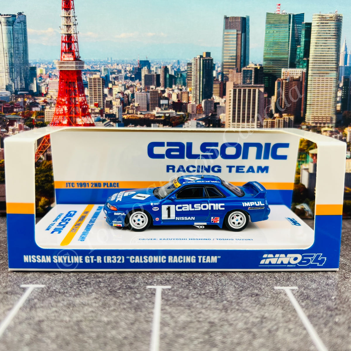 INNO64 1/64 NISSAN SKYLINE GTR (R32) #1 CALSONIC RACING TEAM JTC 1991 2ND  PLACE IN64-R32-CASET91