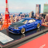 Ignition Model 1/64 Nismo R34 GTR Z-tune Blue Metallic with Carbon Bonnet and GT Wing IG1869