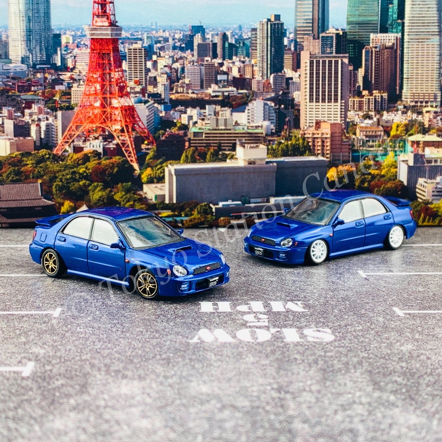 BM CREATIONS JUNIOR 1/64 Subaru Impreza WRX STi 2001 BLUE RHD with Extra Wheel Set and Lowering Parts 64B0078