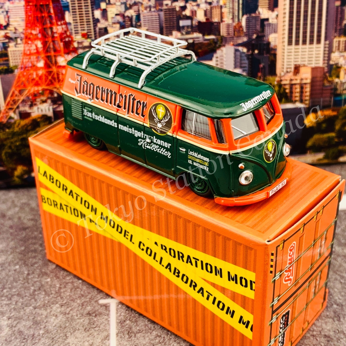 Tarmac Works x Schuco COLLAB64 1/64 Volkswagen T1 Panel Van Jagermeister Low Ride Height with Roof Rack T64S-005-JAG
