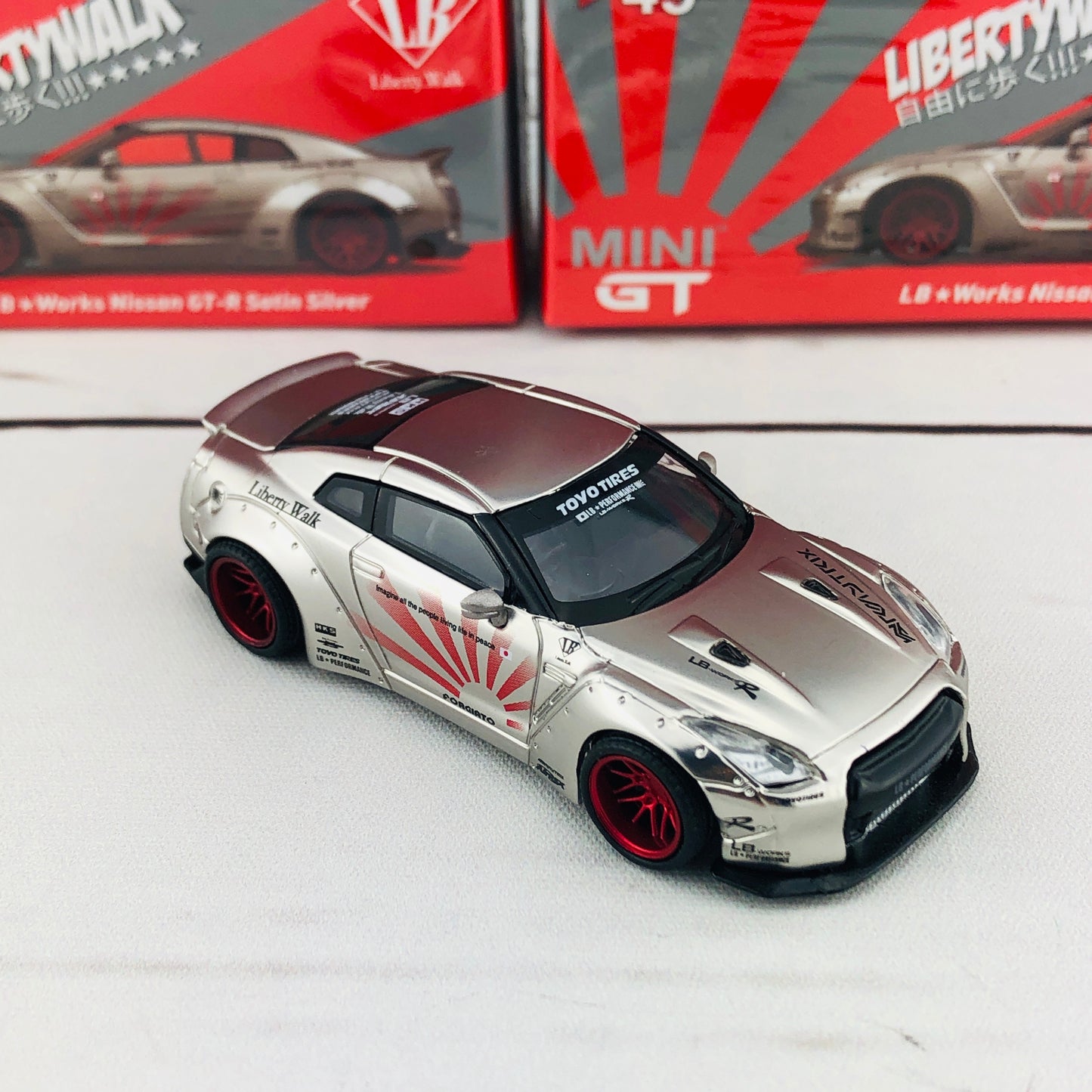 MINI GT 1/64 LB★WORKS Nissan GTR R35 Type 1 Rear Wing Version 2 Satin Silver RHD MGT00049-R
