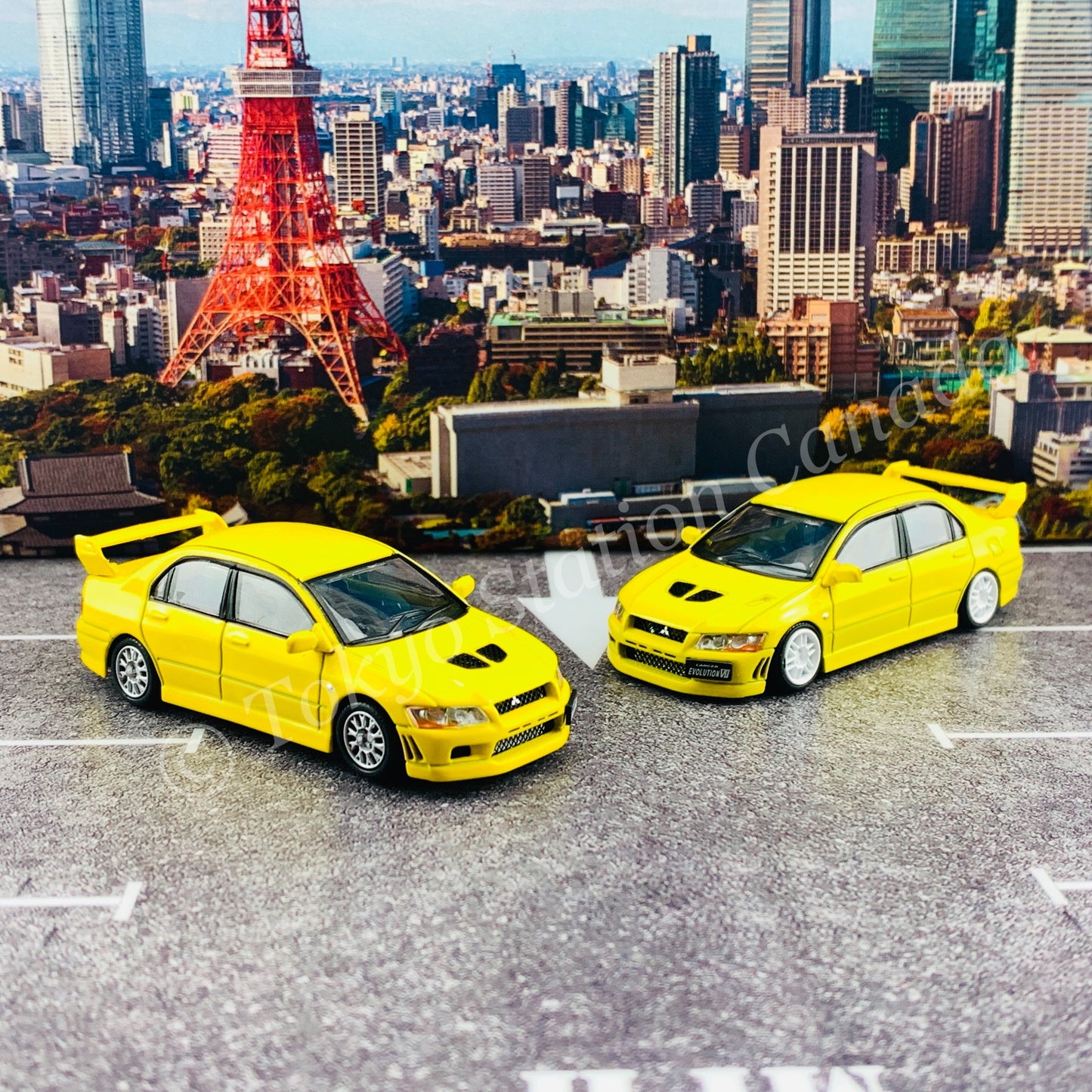 BM CREATIONS JUNIOR 1/64 Mitsubishi Lancer Evolution VII YELLOW RHD with Extra Wheel Set and Lowering Parts 64B0084