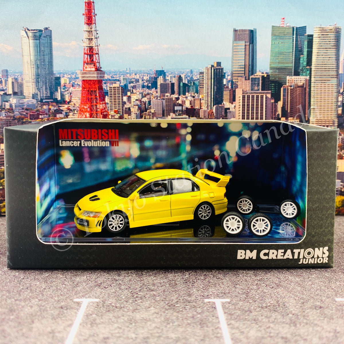 BM CREATIONS JUNIOR 1/64 Mitsubishi Lancer Evolution VII YELLOW RHD with  Extra Wheel Set and Lowering Parts 64B0084