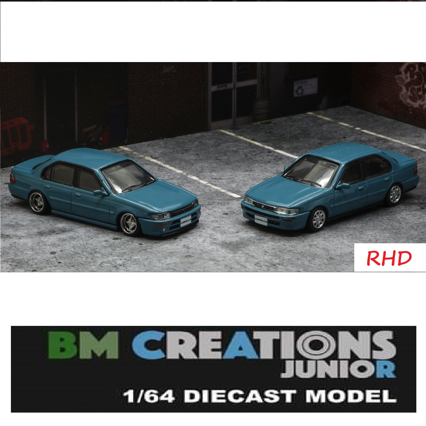 BM Creations JUNIOR 1/64 Toyota 1996 Corolla AE100 Blue RHD with Extra Wheels, Lowering Parts and Extra Bumper 64B0122
