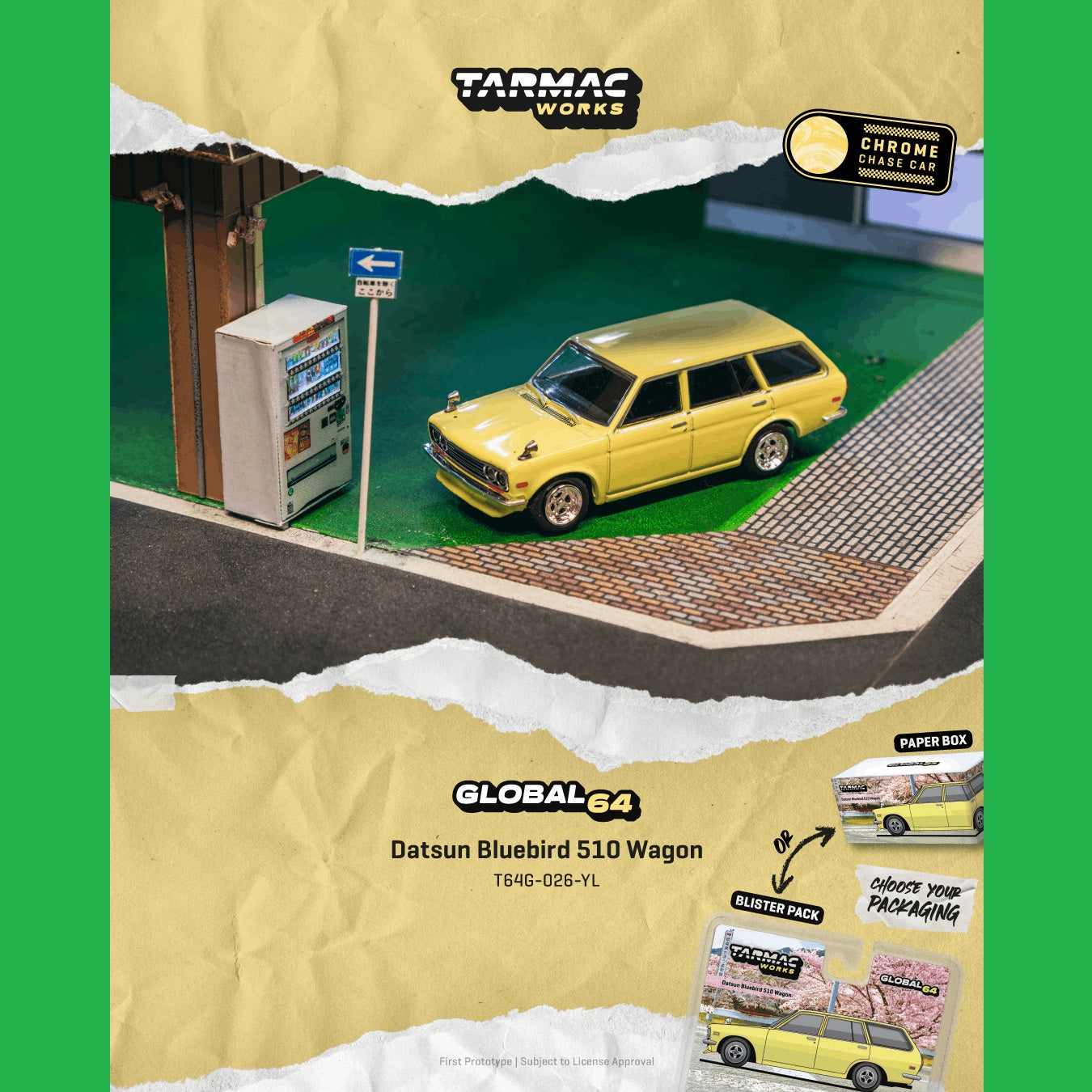 PREORDER Tarmac Works GLOBAL64 1/64 Datsun Bluebird 510 Wagon Yellow T64G-026-YL **CHASE CARS ARE RANDOMLY PACKED** (Approx. Release Date :  AUGUST 2026 subject to manufacturer's final decision)