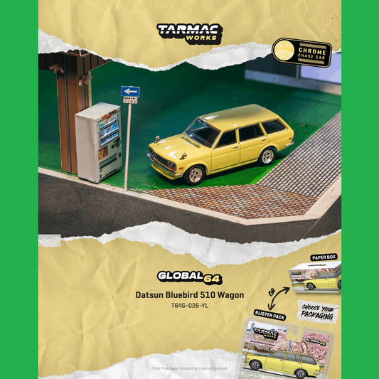 PREORDER Tarmac Works GLOBAL64 1/64 Datsun Bluebird 510 Wagon Yellow T64G-026-YL **CHASE CARS ARE RANDOMLY PACKED** (Approx. Release Date :  AUGUST 2026 subject to manufacturer's final decision)