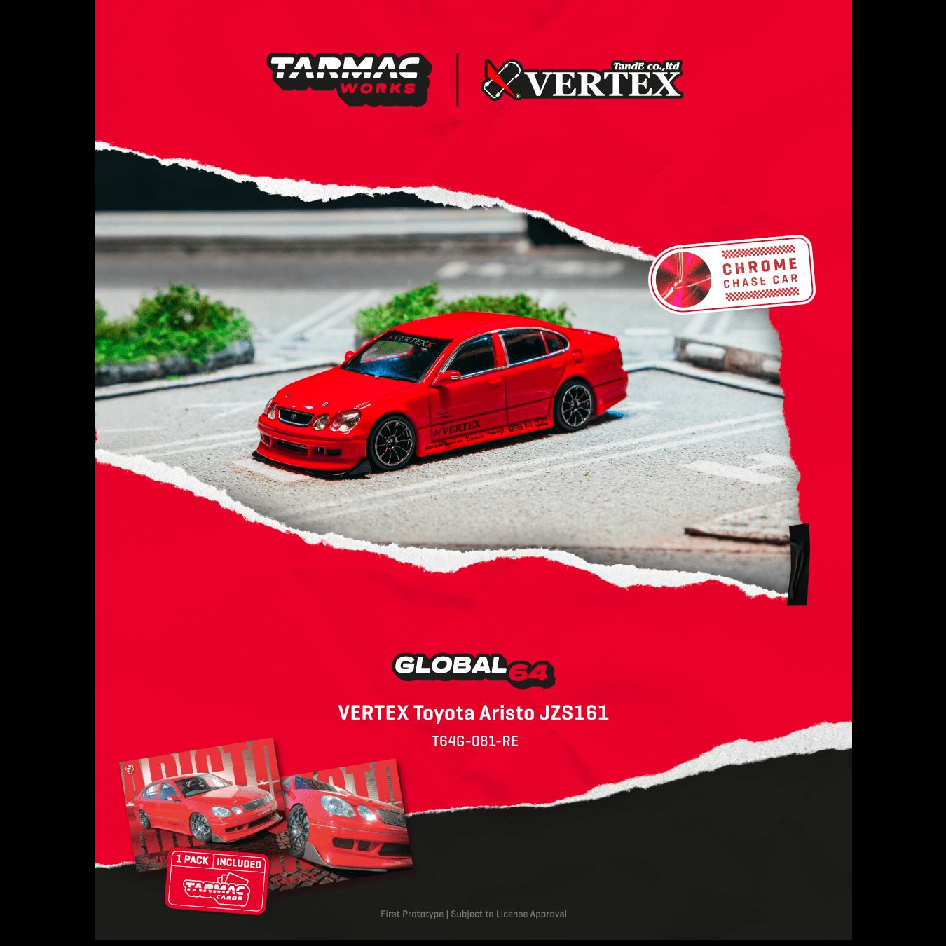 PREORDER TARMAC WORKS GLOBAL64 1/64 VERTEX Toyota Aristo JZS161 Red Model Car + Trading Cards Combo Set T64G-081-RE (Approx. Release Date :  APR 2026 subject to manufacturer's final decision)