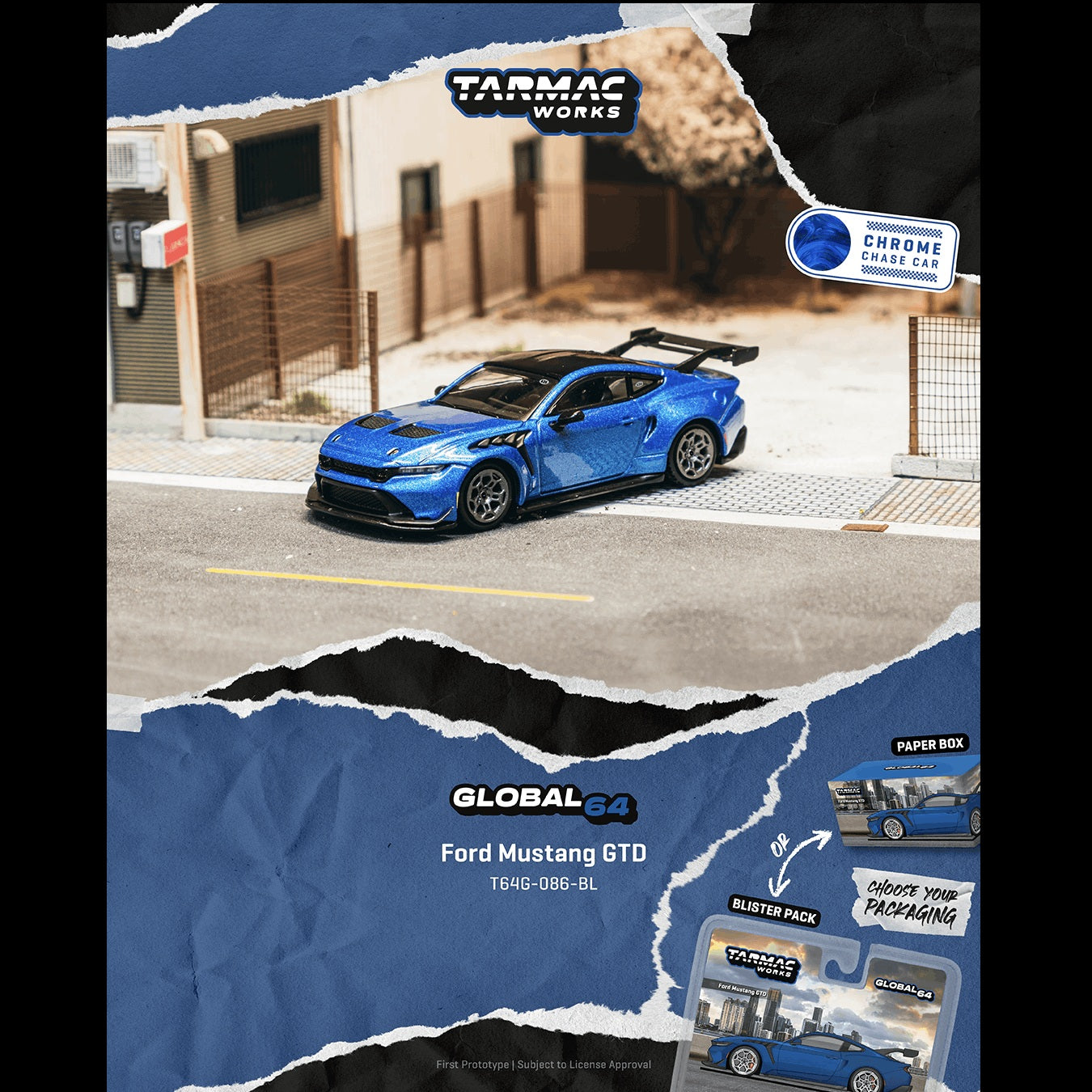 PREORDER Tarmac Works GLOBAL64 1/64 Ford Mustang GTD Blue T64G-086-BL **CHASE CARS ARE RANDOMLY PACKED** (Approx. Release Date :  AUGUST 2026 subject to manufacturer's final decision)