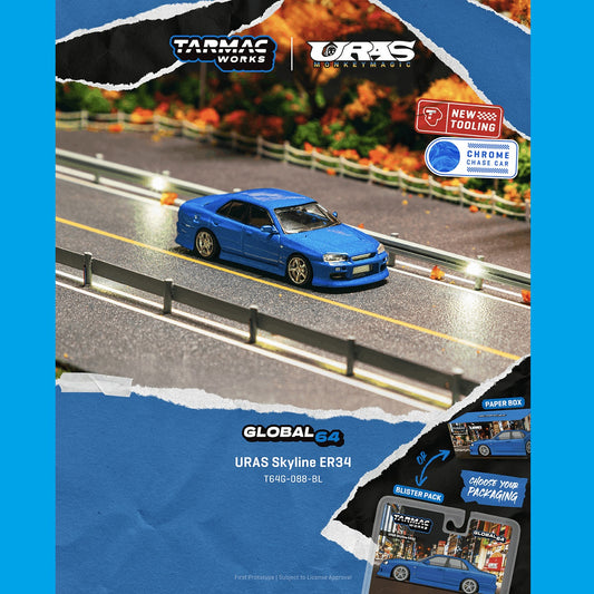 PREORDER Tarmac Works GLOBAL64 1/64 URAS Skyline ER34 Blue T64G-088-BL **CHASE CARS ARE RANDOMLY PACKED** (Approx. Release Date :  AUGUST 2026 subject to manufacturer's final decision)