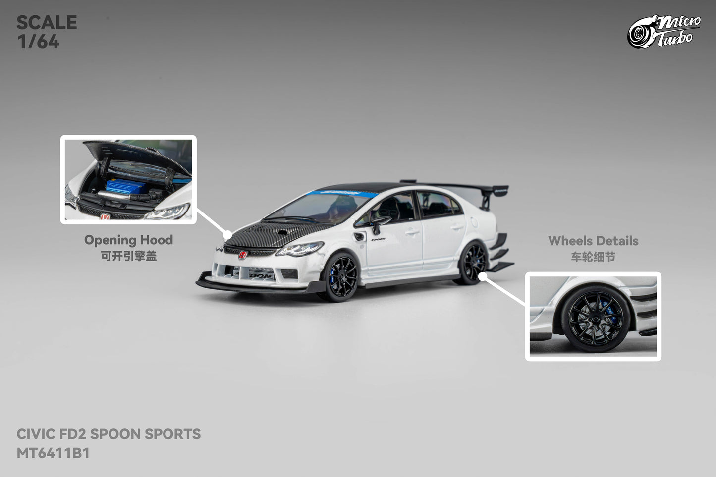 Micro Turbo 1/64 Custom FD2 Spoon - Metallic White MT6411B1