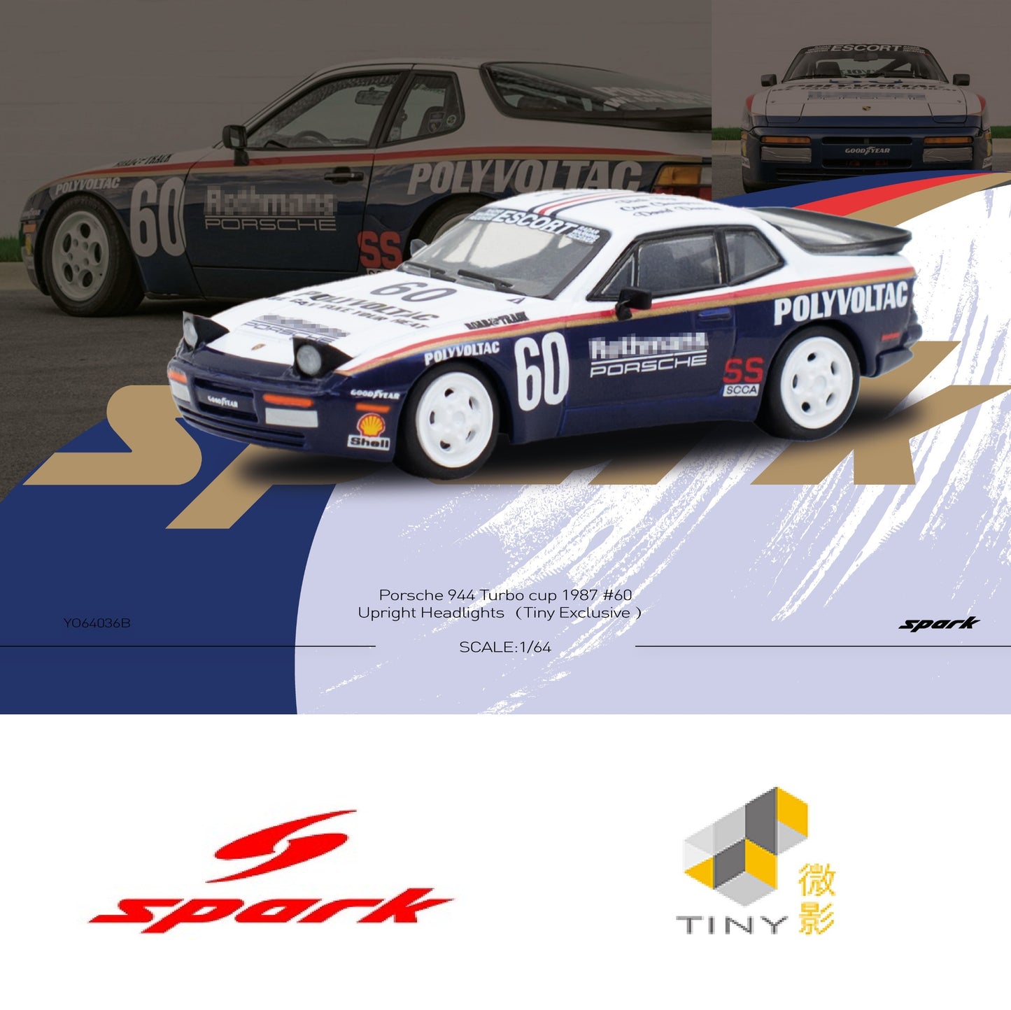 SPARK 1/64 Porsche 944 TURBO CUP 1987 #60 - Upright Headlights (Tiny Exclusive) YO64036B