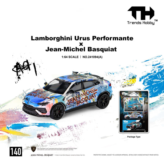 PREORDER Trends Hobby 1/64 Lamborghini Urus Performance & Basquiat White/Blue (Blister Pack with a Collectible Card) 241094(A) (Approx. Release Date: Q1 2027 and subject to the manufacturer's final decision)