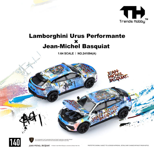 PREORDER Trends Hobby 1/64 Lamborghini Urus Performance & Basquiat White/Blue (Blister Pack with a Collectible Card) 241094(A) (Approx. Release Date: Q1 2027 and subject to the manufacturer's final decision)