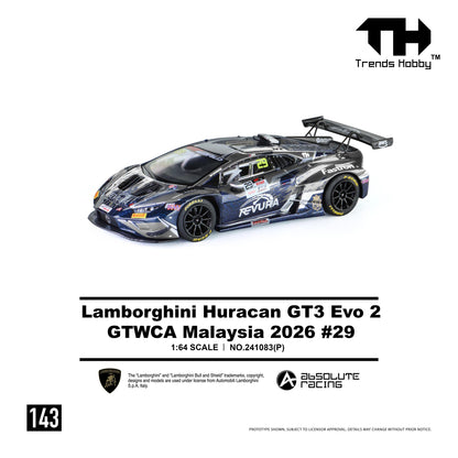 PREORDER Trends Hobby 1/64 Lamborghini Huracan GT3 EVO2 - GTWCA Malaysia 2026 #29 (Paper Box) 241083(P) (Approx. Release Date: Q1 2027 and subject to the manufacturer's final decision)