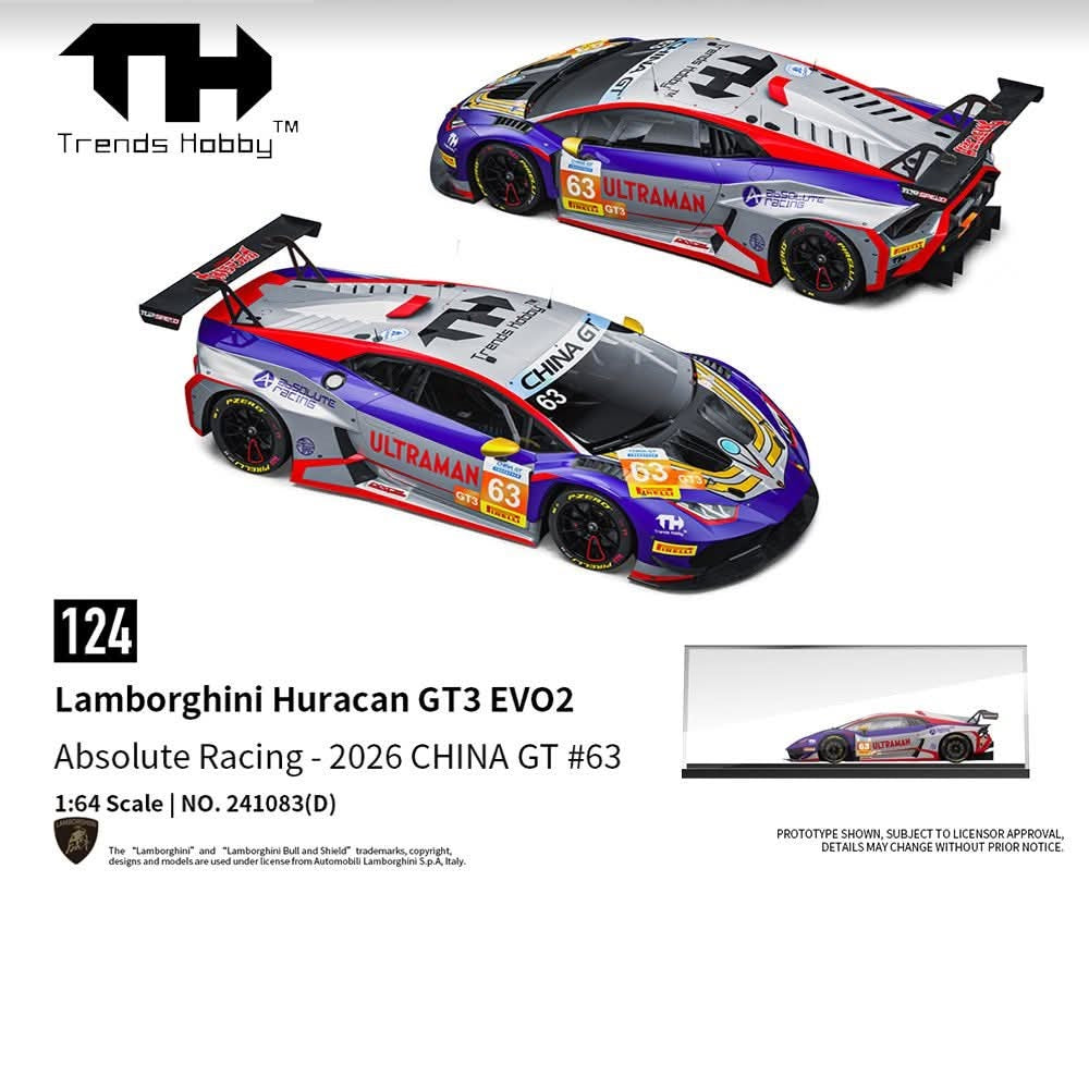 PREORDER Trends Hobby 1/64 Lamborghini  Huracan GT3 Evo 2 Absolute Racing CHINA GT 2026 #63 241083(D) (Approx. Release Date: Q3 2026 and subject to the manufacturer's final decision)