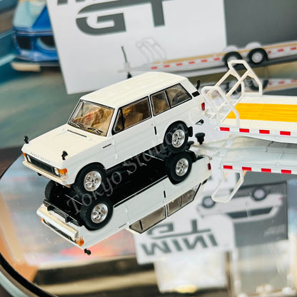 MINI GT 1/64 Range Rover Davos White LHD MGT00658-L and Car Hauler Trailer White MGTAC21  COMBO