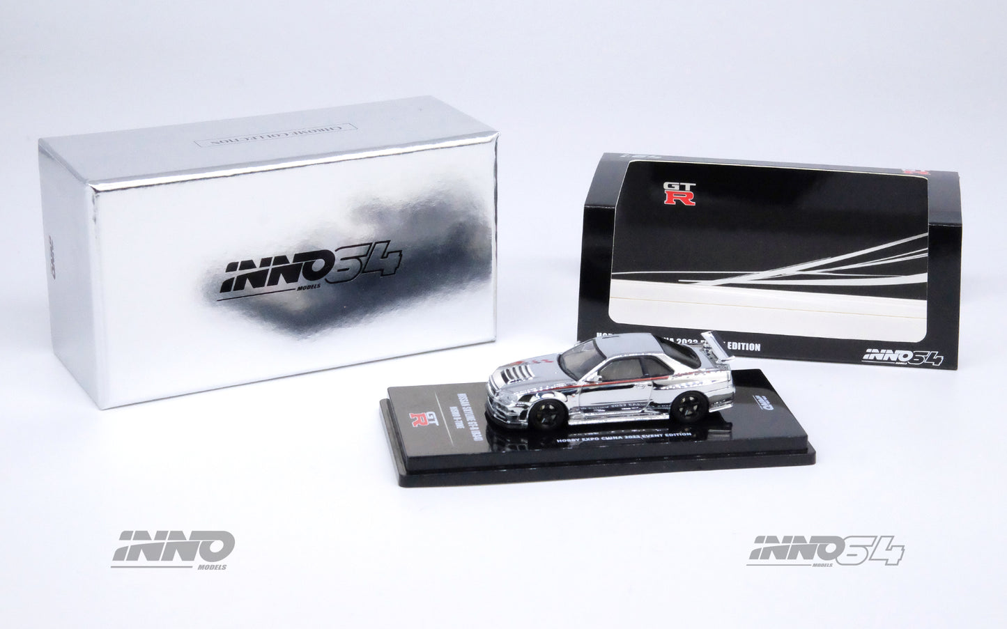 INNO64 1/64 NISSAN SKYLINE GT-R (R34) NISMO R-Tune Silver Chrome Hobby Expo China 2023 Event Edition IN64-R34RT-SCH