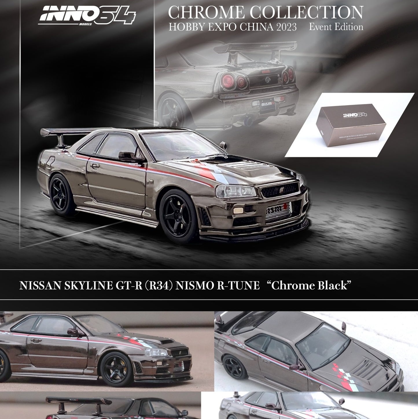 INNO64 1/64 NISSAN SKYLINE GT-R (R34) NISMO R-Tune Black Chrome Hobby Expo China 2023 Event Edition IN64-R34RT-BCH