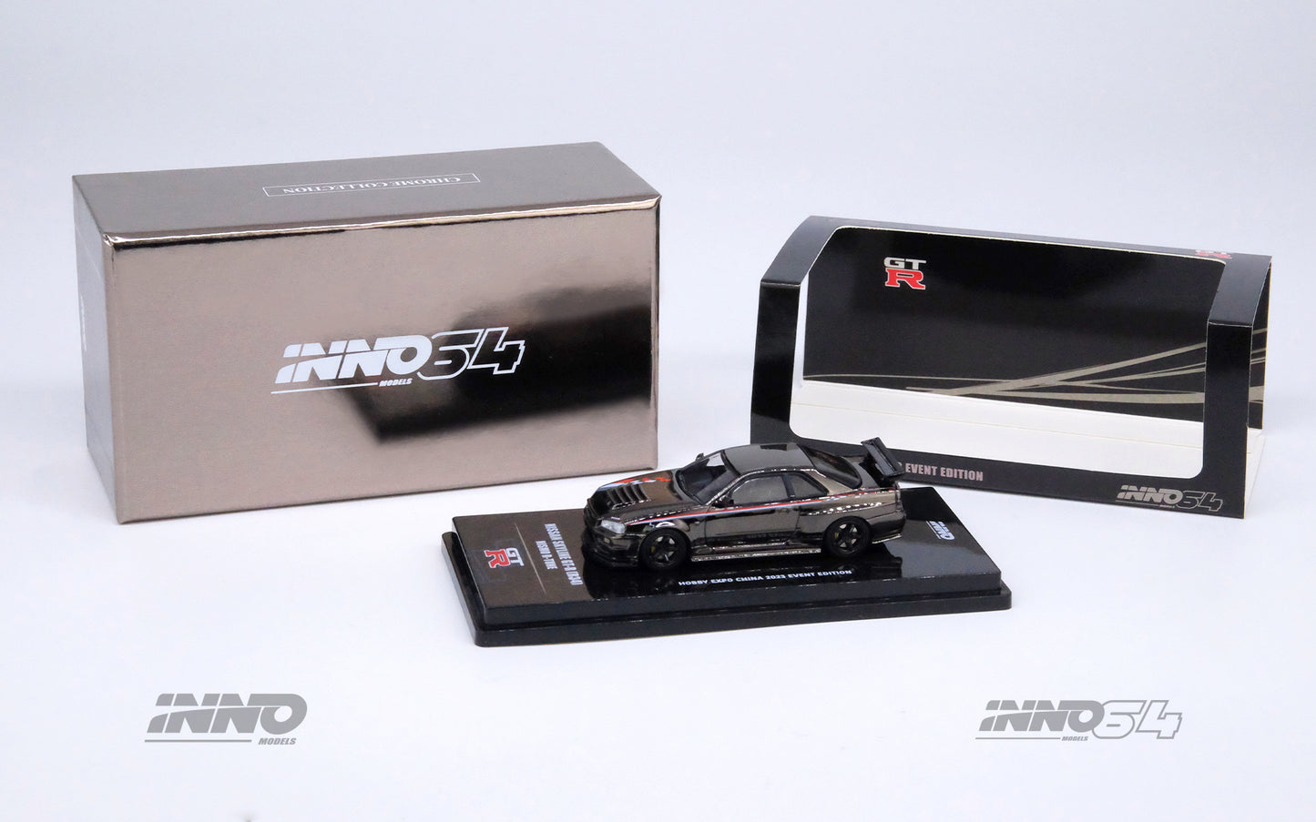 INNO64 1/64 NISSAN SKYLINE GT-R (R34) NISMO R-Tune Black Chrome Hobby Expo China 2023 Event Edition IN64-R34RT-BCH