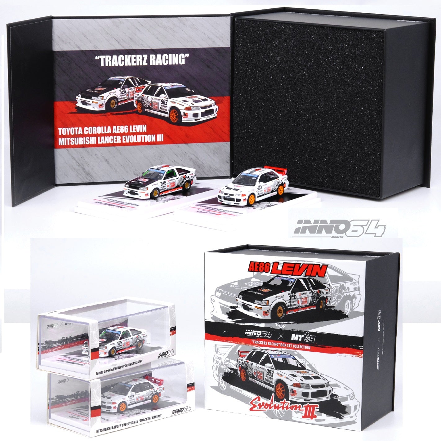 INNO64 1/64  TOYOTA COROLLA AE86 Levin "TRACKERZ RACING" & MITSUBISHI LANCER EVOLUTION III "TRACKERZ RACING" Box Set Malaysia Special Edition IN64-TRACKERZ-BOXSET