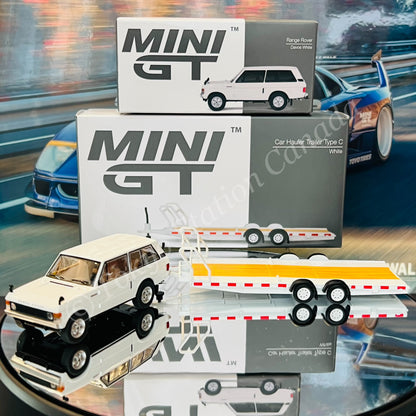MINI GT 1/64 Range Rover Davos White LHD MGT00658-L and Car Hauler Trailer White MGTAC21  COMBO