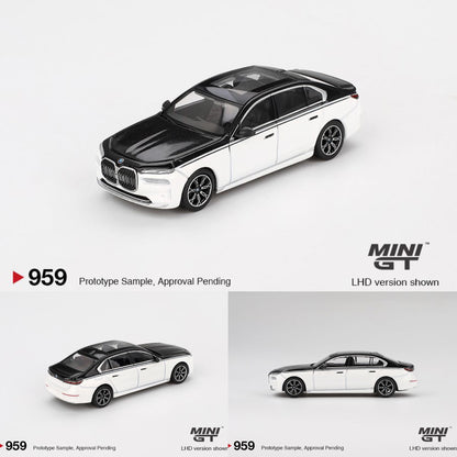 MINI GT 1/64 BMW i7 xDrive60 Alpine White / Black Sapphire MGT00959-BL