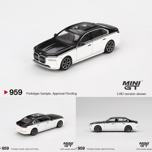 MINI GT 1/64 BMW i7 xDrive60 Alpine White / Black Sapphire MGT00959-BL