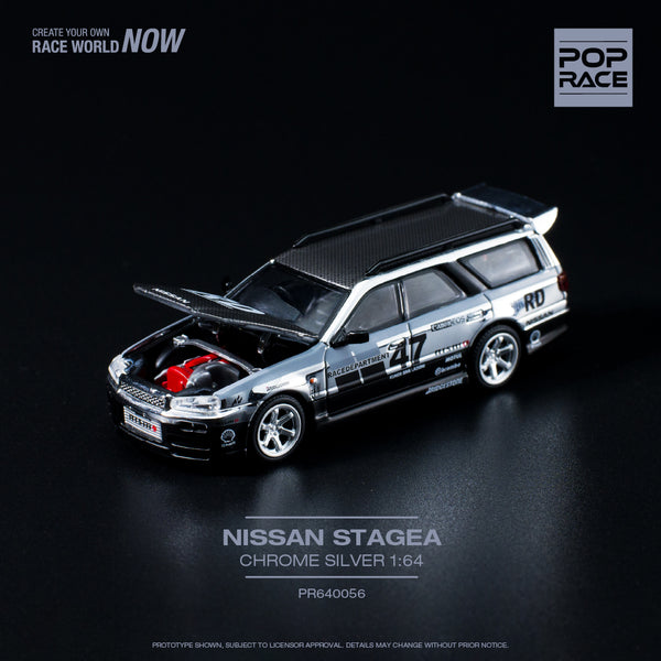 POPRACE 1/64 Nissan Stagea - Chrome Silver PR640056