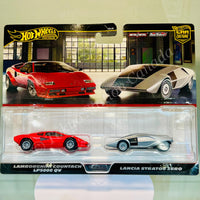 HOTWHEELS PREMIUM CAR CULTURE LAMBORGHINI COUNTACT LP50000 QV and LANCIA STRATOS ZERO JBL02