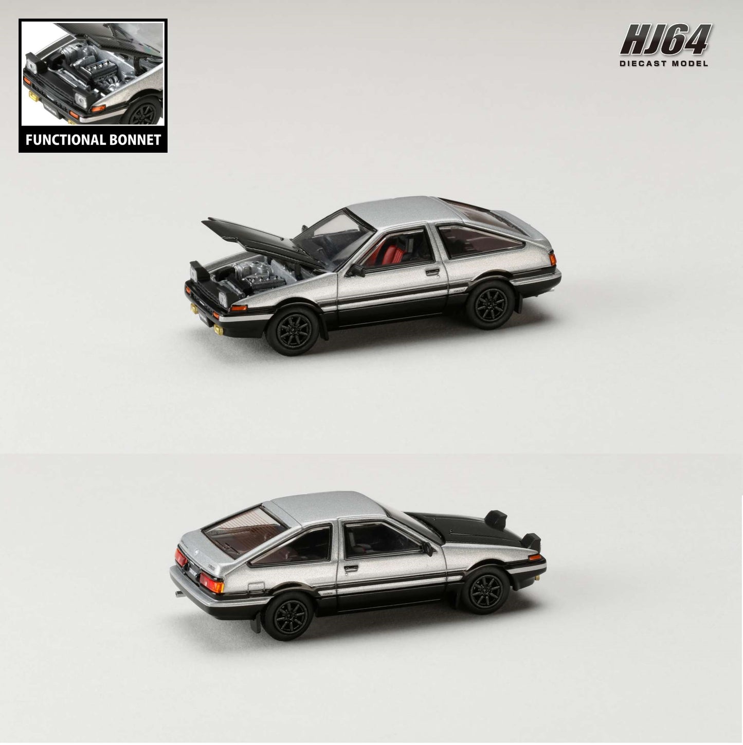HOBBY JAPAN 1/64 Toyota SPRINTER TRUENO GT APEX (AE86) JDM Style with CARBON BONNET Silver/Black HJ641052BSB