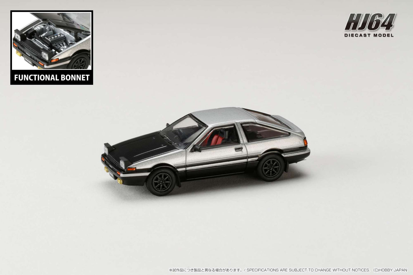 HOBBY JAPAN 1/64 Toyota SPRINTER TRUENO GT APEX (AE86) JDM Style with CARBON BONNET Silver/Black HJ641052BSB