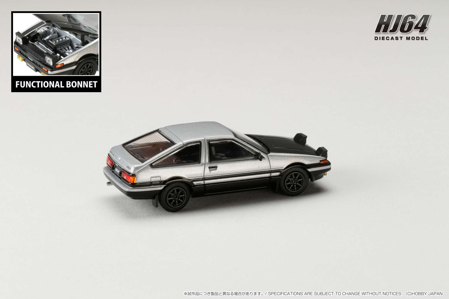 HOBBY JAPAN 1/64 Toyota SPRINTER TRUENO GT APEX (AE86) JDM Style with CARBON BONNET Silver/Black HJ641052BSB