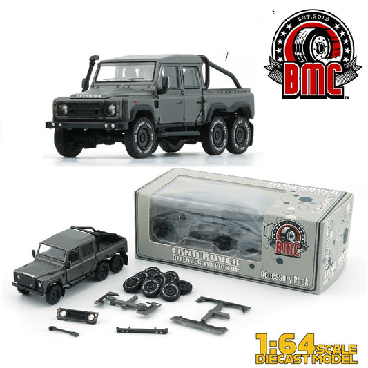 BM Creations 1/64 Land Rover Defender 110 Pick Up 6x6 with Accessory Pack Dark Grey Silver RHD 64B0340