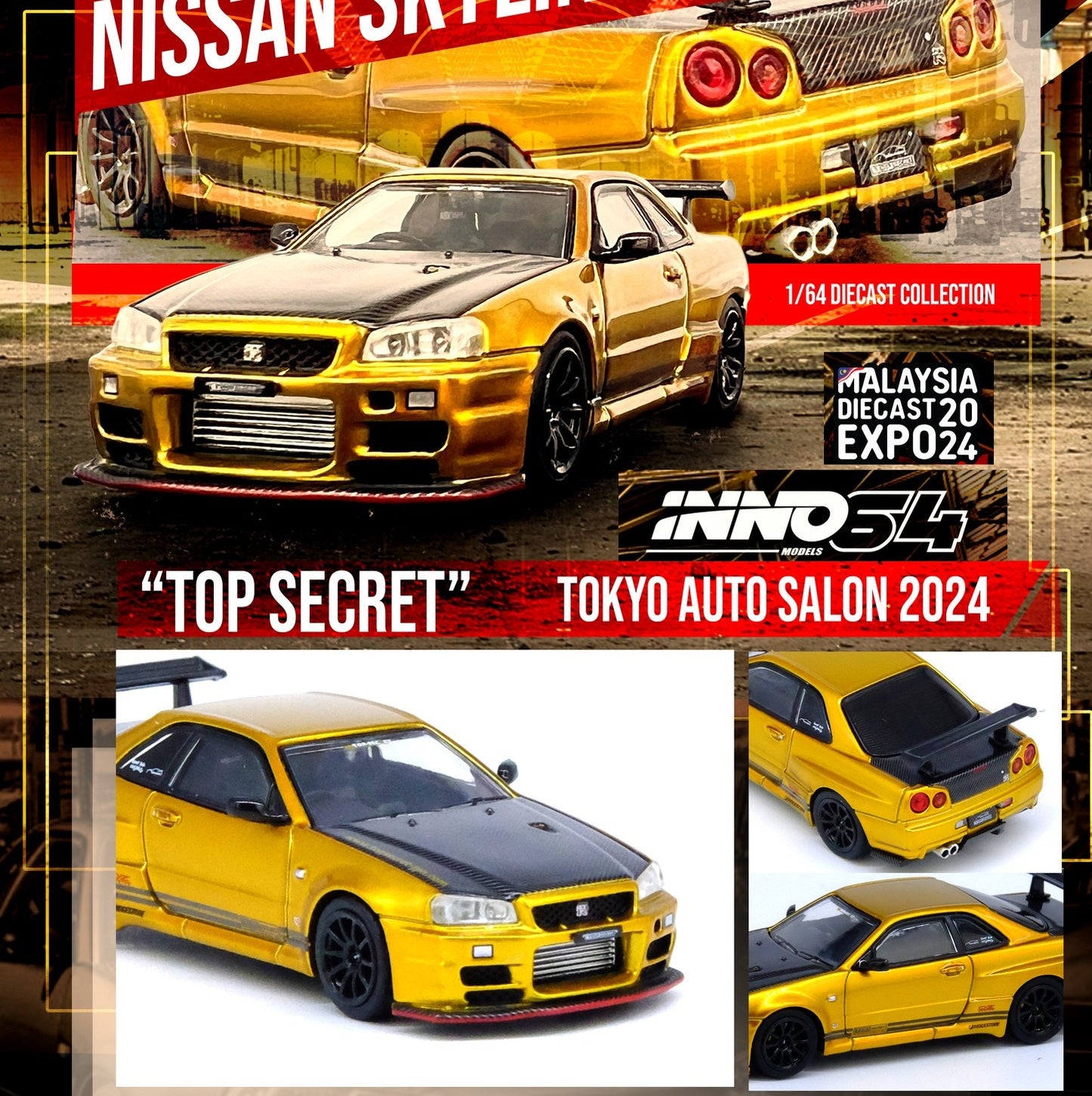 INNO64 1/64 NISSAN SKYLINE GT-R (R34) "TOP SECRET" GOLD - MDX24 Special Edition
